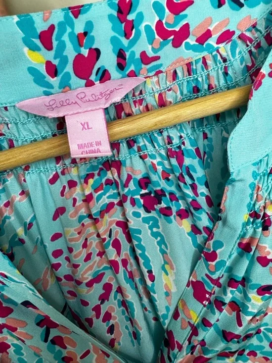 Lilly Pulitzer Aqua Multi-Color Printed Peasant Blouse - Picture 2 of 5